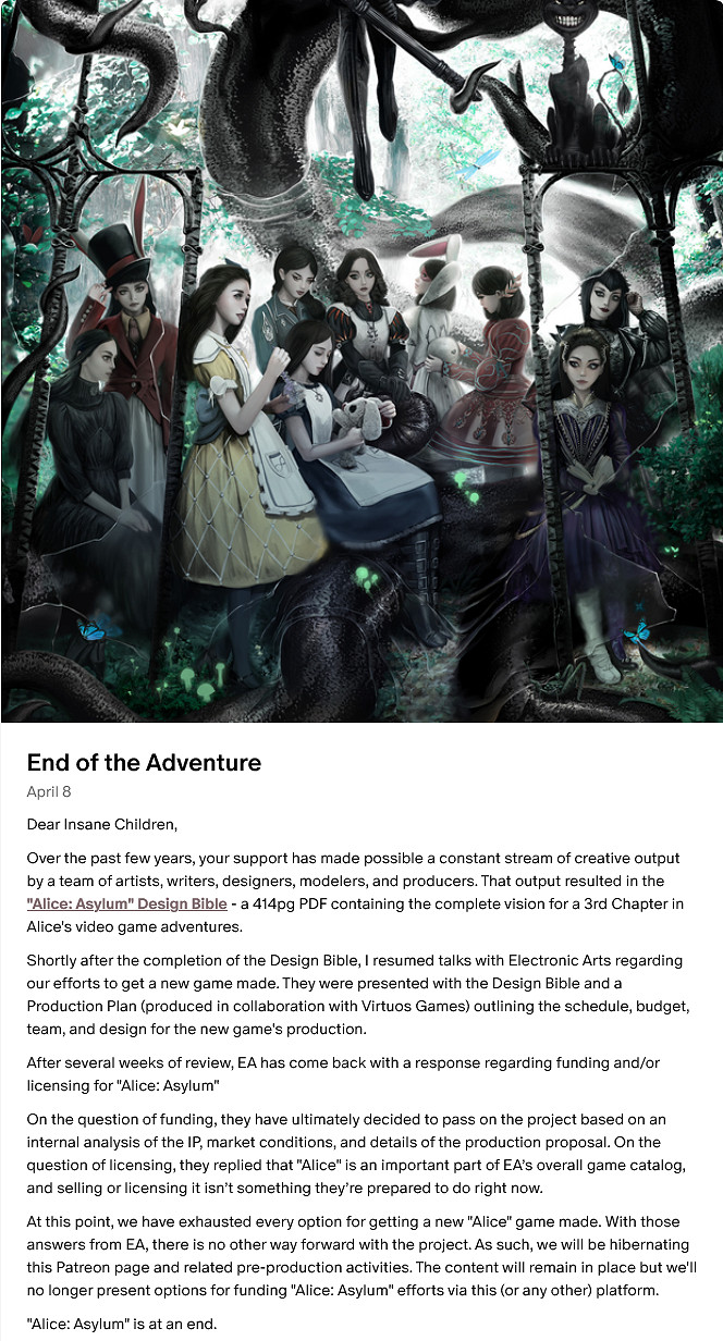 主創討論《愛麗絲：瘋人院》被EA取消：大受打擊