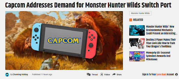 卡普空暫時沒有計劃讓《魔物獵人:荒野》登陸任天堂 卡普空暫時沒有計劃讓《魔物獵人:荒野》登陸任天堂