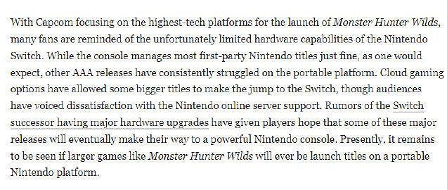 卡普空暫時沒有計劃讓《魔物獵人:荒野》登陸任天堂 卡普空暫時沒有計劃讓《魔物獵人:荒野》登陸任天堂