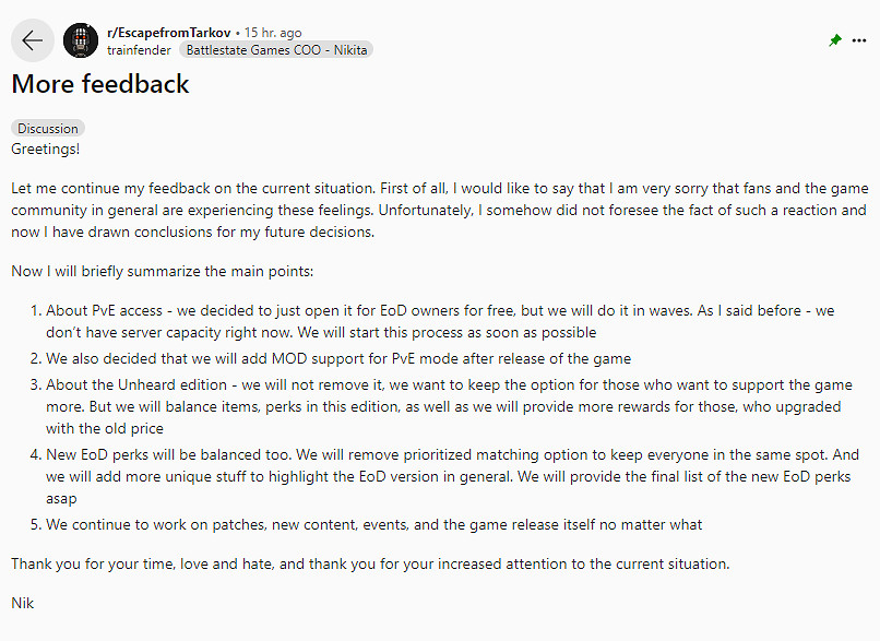 《逃離塔科夫》就PVE模式引發的不滿向玩家致歉 《逃離塔科夫》就PVE模式引發的不滿向玩家致歉
