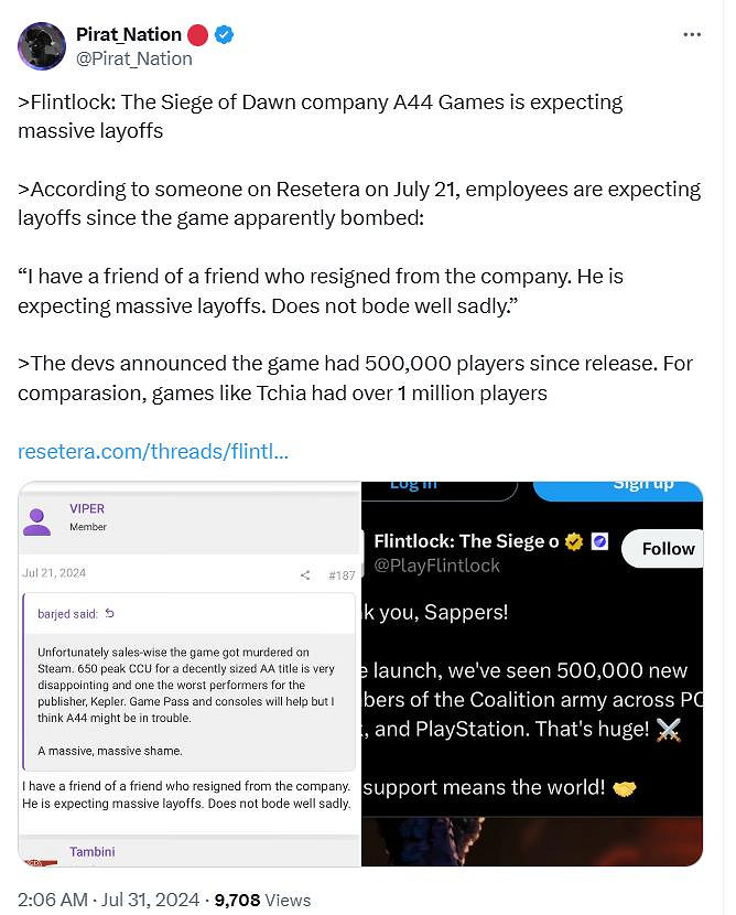 因口碑不佳！曝《燧石槍：黎明之圍》將大規模裁員