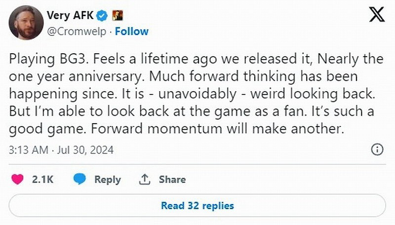 拉瑞安希望再製作一款與《柏德之門3》同樣優秀的遊戲 拉瑞安希望再製作一款與《柏德之門3》同樣優秀的遊戲