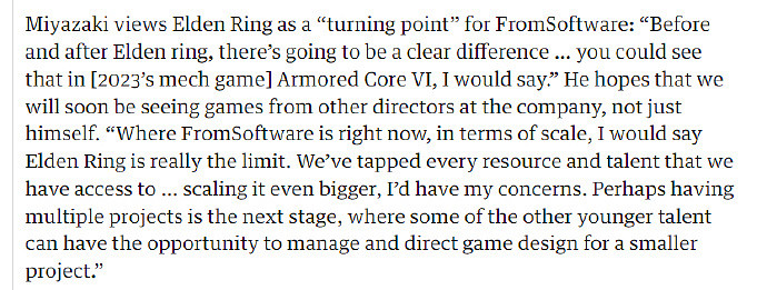 宮崎英高採訪時聲稱《艾爾登法環》已是公司的“極限”