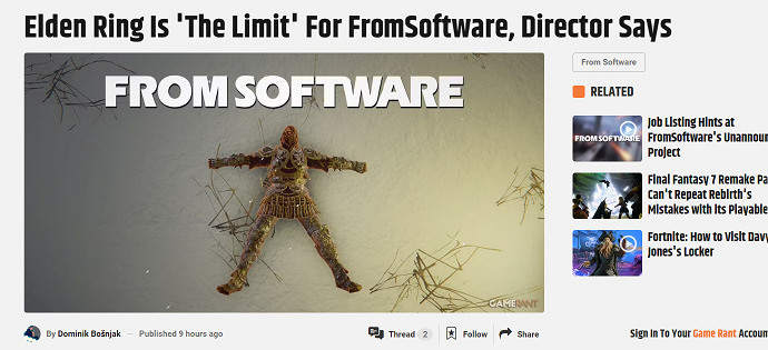 宮崎英高採訪時聲稱《艾爾登法環》已是公司的“極限”