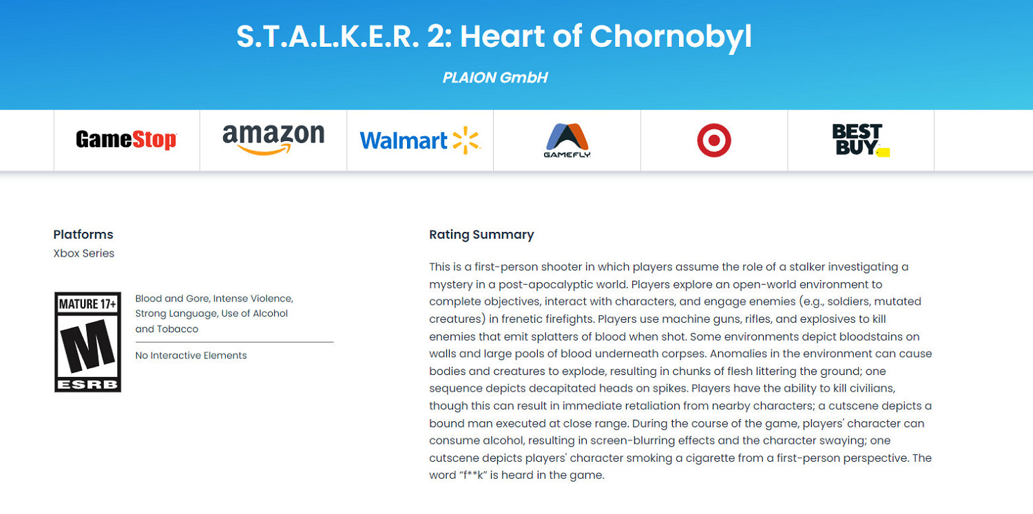 《潛行者2》ESRB為M級：包含血腥、暴力、吸煙鏡頭！