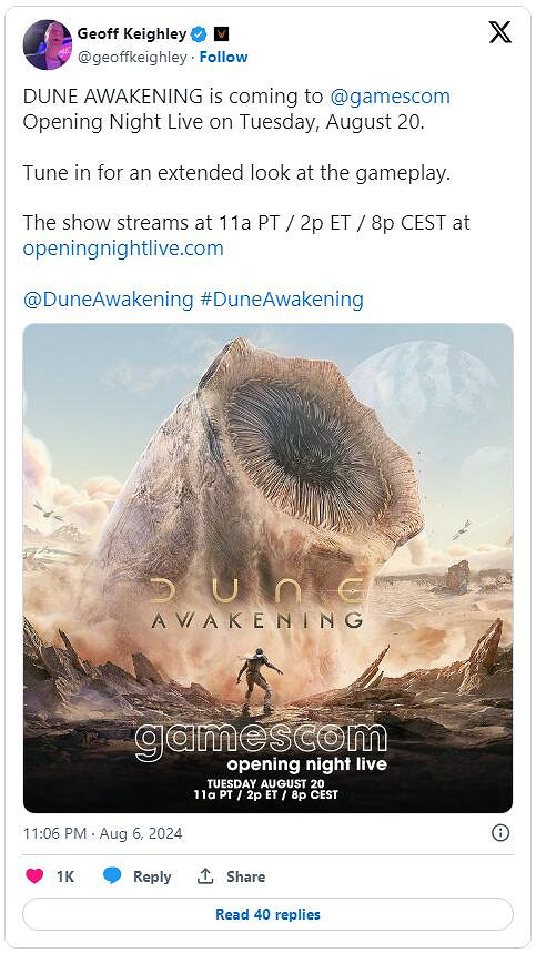 《沙丘:覺醒》確認亮相科隆遊戲展開幕夜直播會! 《沙丘:覺醒》確認亮相科隆遊戲展開幕夜直播會!