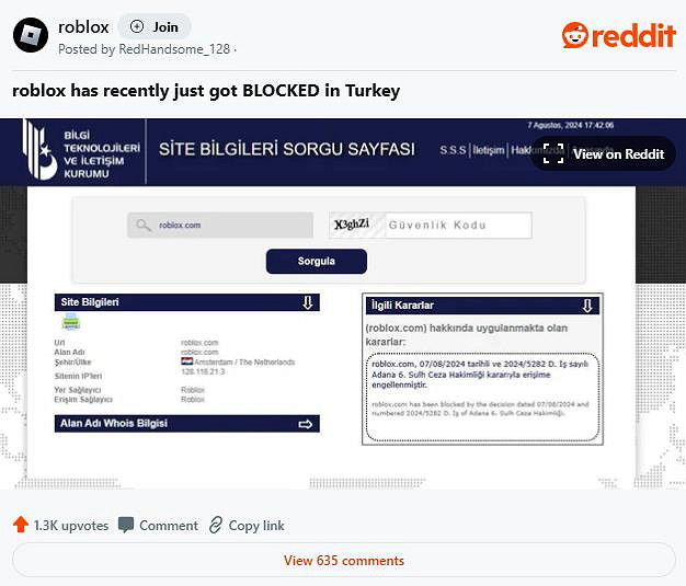 Roblox已被土耳其禁止訪問 疑似存在誘導兒童的內容 Roblox已被土耳其禁止訪問 疑似存在誘導兒童的內容