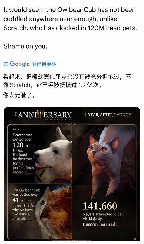 《柏德之門3》一周年統計資料 近20萬玩家與熊形態的哈爾辛發生浪漫關係