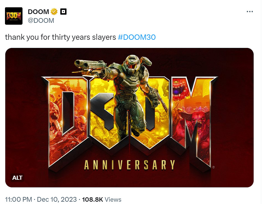 今天是《毀滅戰士》發售30周年 官方發文紀念 今天是《毀滅戰士》發售30周年 官方發文紀念