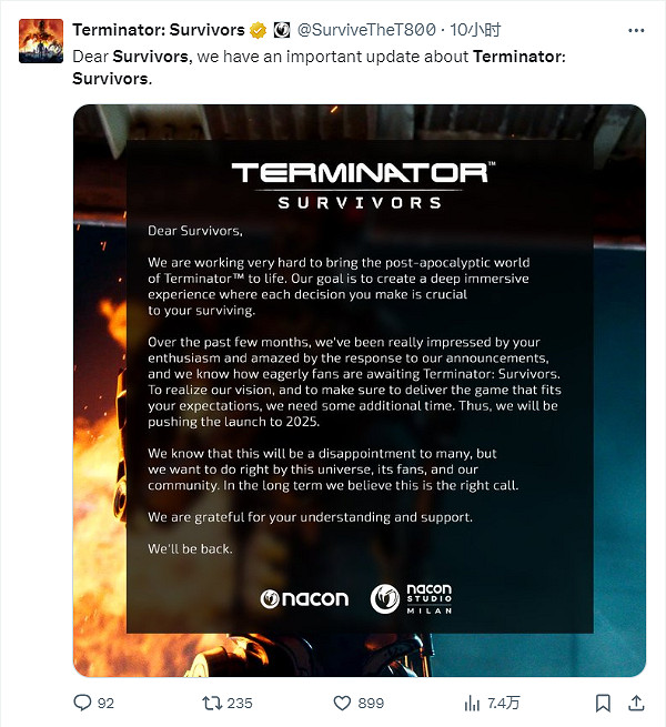 《終結者:倖存者》跳票!搶先體驗版延期至明年上線 《終結者:倖存者》跳票!搶先體驗版延期至明年上線