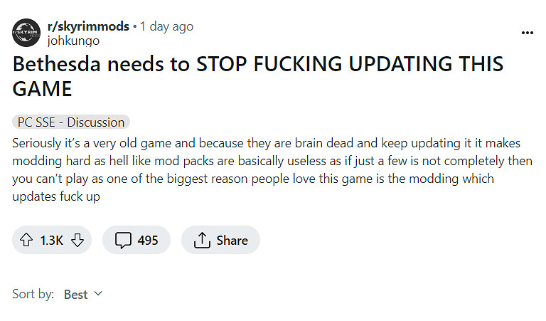 《上古卷軸5》玩家懇求貝塞斯達停止發布遊戲更新 《上古卷軸5》玩家懇求貝塞斯達停止發布遊戲更新