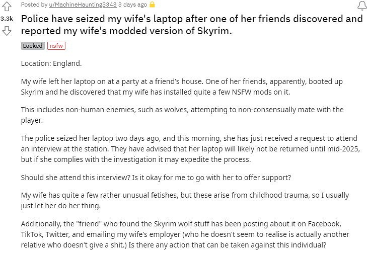 女子安裝了許多《上古卷軸5》成人Mod 被人發現並報警 女子安裝了許多《上古卷軸5》成人Mod 被人發現並報警