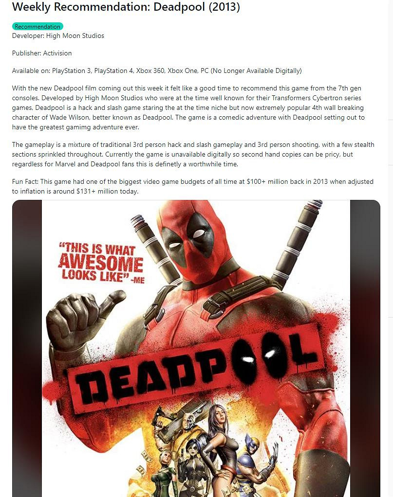 11年後 粉絲們仍然認為《死侍》遊戲的製作成本為1億美元 11年後 粉絲們仍然認為《死侍》遊戲的製作成本為1億美元