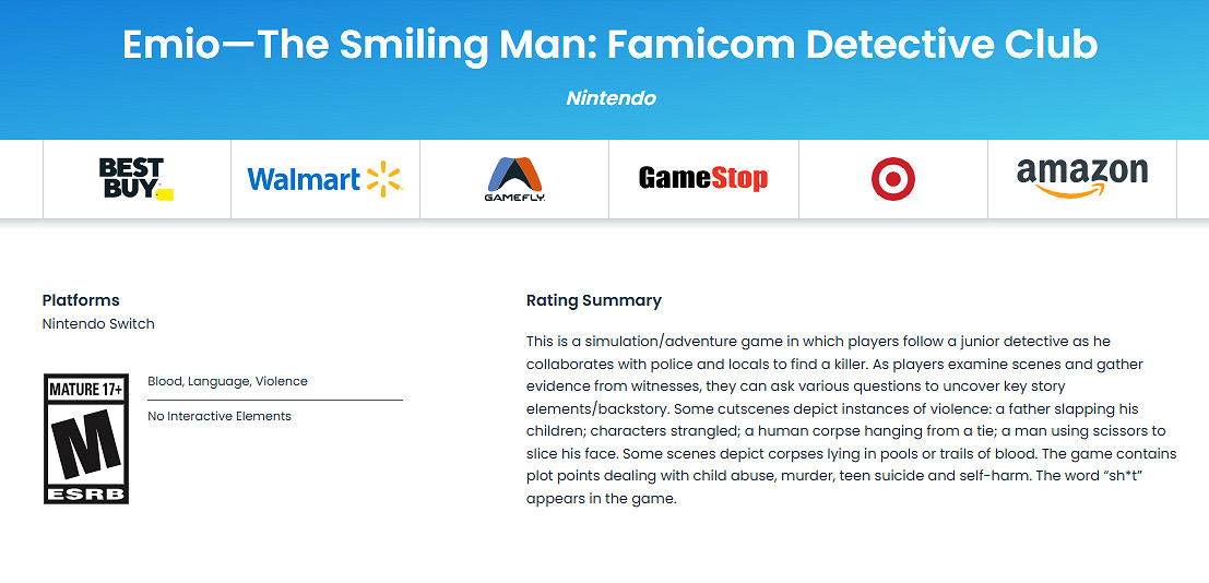 《偵探俱樂部:笑臉男》ESRB為M級:包含血腥、暴力! 《偵探俱樂部:笑臉男》ESRB為M級:包含血腥、暴力!