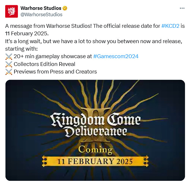 開放商確認《天國降臨: 救贖2》跳票!延期至2025年發售 開放商確認《天國降臨: 救贖2》跳票!延期至2025年發售