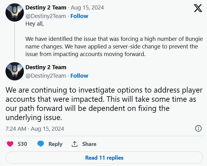 Bungie為命運2玩家名字被篡改致歉 稱修復&quot;需要時間&quot;