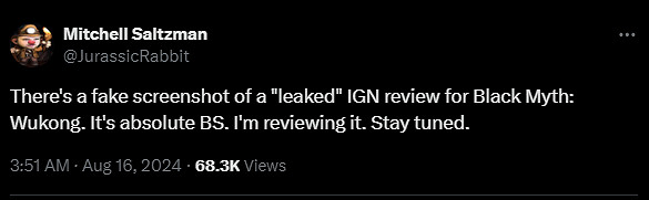 《黑神話》IGN 5分?IGN編輯:假消息!我正在評測 《黑神話》IGN 5分?IGN編輯:假消息!我正在評測