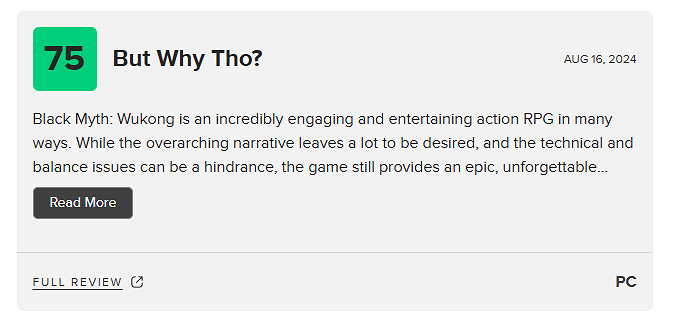 《黑神話》M站均分82：該類型遊戲中最好的作品之一！