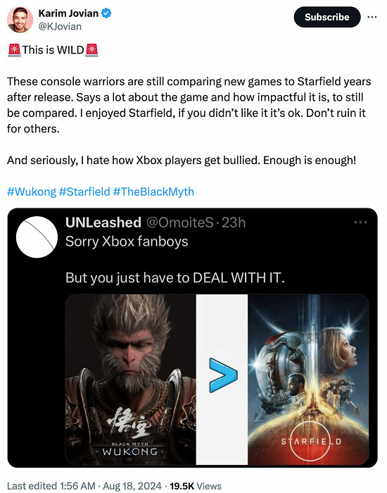 《星空》與《黑神話：悟空》並提，博主呼籲理性看待