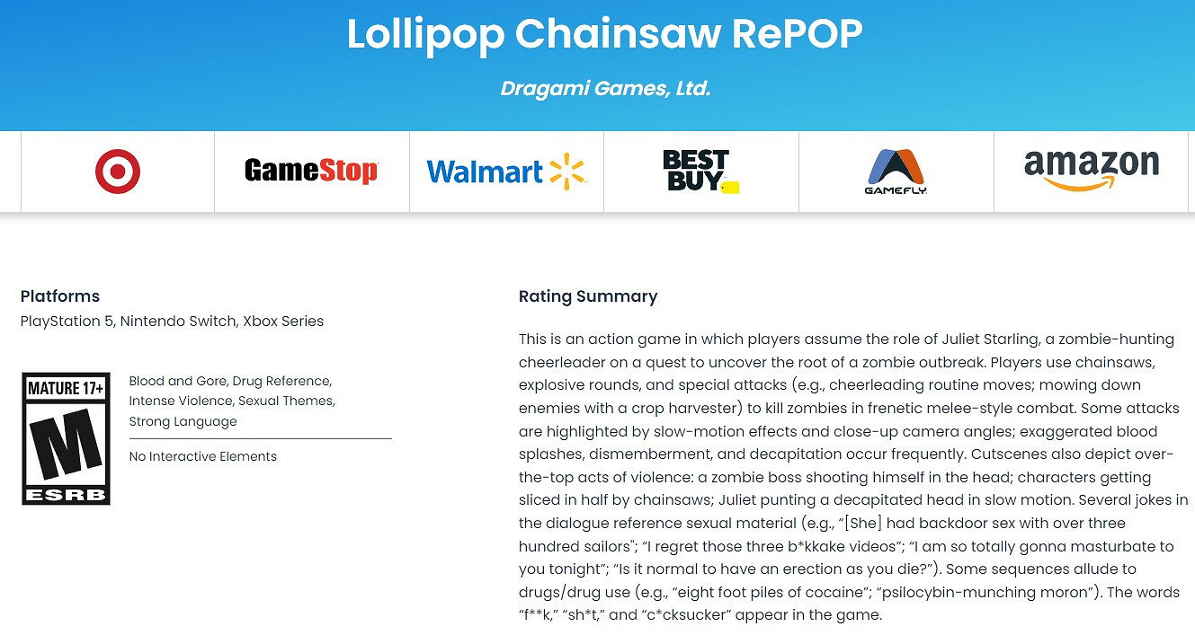 《電鋸甜心RePOP》被ESRB評為成人級 血腥暴力性內容