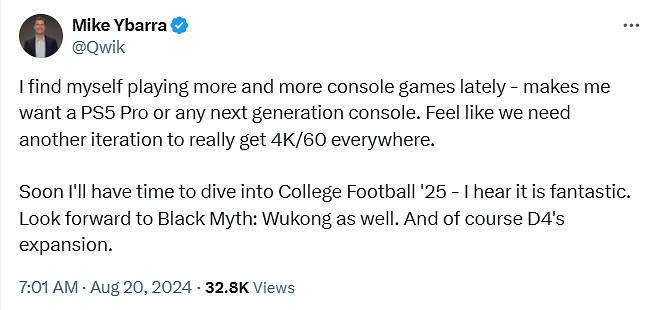 暴雪前總裁對《黑神話》很期待:最近沉迷主機遊戲! 暴雪前總裁對《黑神話》很期待:最近沉迷主機遊戲!