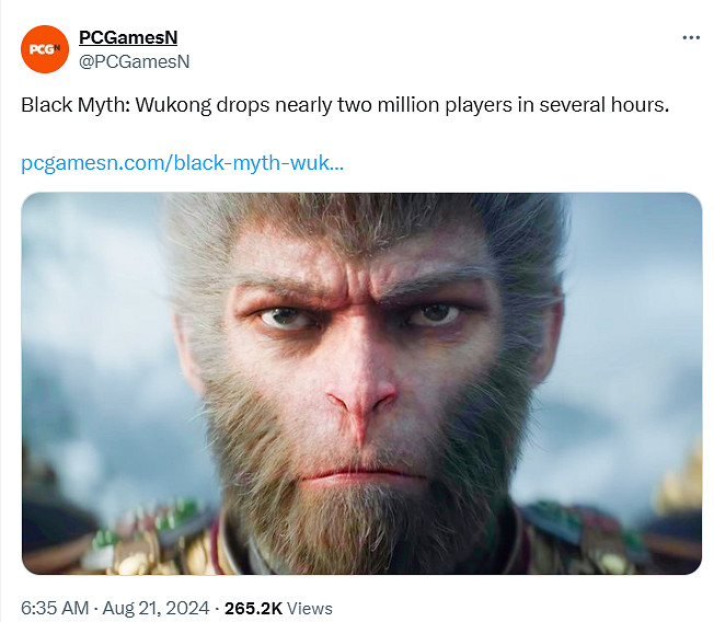 外媒稱《黑神話》一晚流失200萬玩家 網友：你不睡覺?