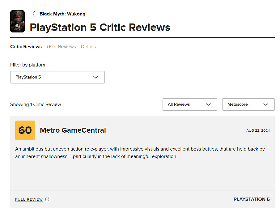 《黑神話》M站首個PS5媒體僅打出60分:遊戲深度有限! 《黑神話》M站首個PS5媒體僅打出60分:遊戲深度有限!