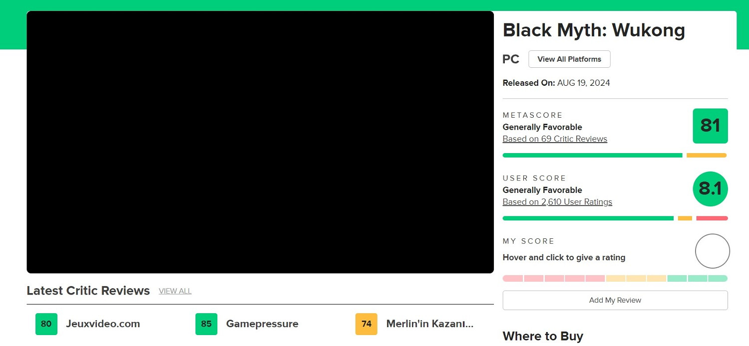 《黑神話》M站玩家評分降至8.1：差評含大量極端低分！