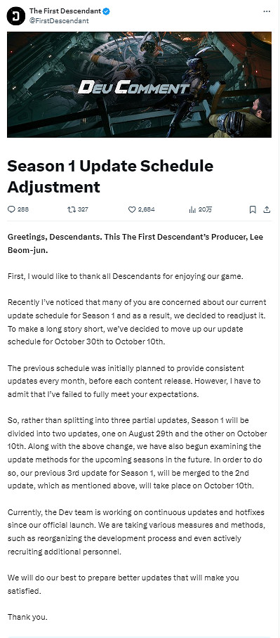 《第一繼承者》製作人:第一賽季將改為分兩部分更新 《第一繼承者》製作人:第一賽季將改為分兩部分更新