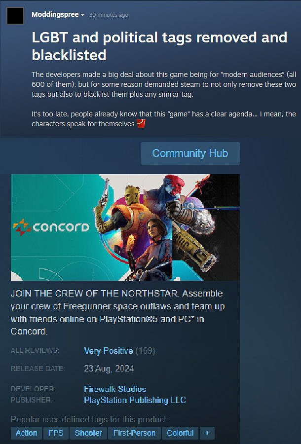 慫了？《Concord》Steam頁面隱藏LGBT標籤