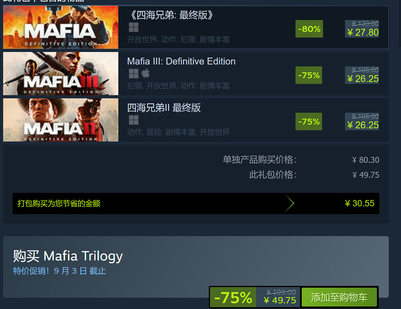 《四海兄弟:三部曲》Steam史低促銷 僅售約新台幣215元! 《四海兄弟:三部曲》Steam史低促銷 僅售約新台幣215元!