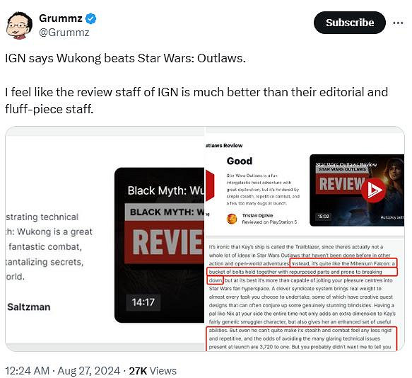 暴雪前製作人:IGN承認黑神話擊敗了星戰亡命之徒 暴雪前製作人:IGN承認黑神話擊敗了星戰亡命之徒