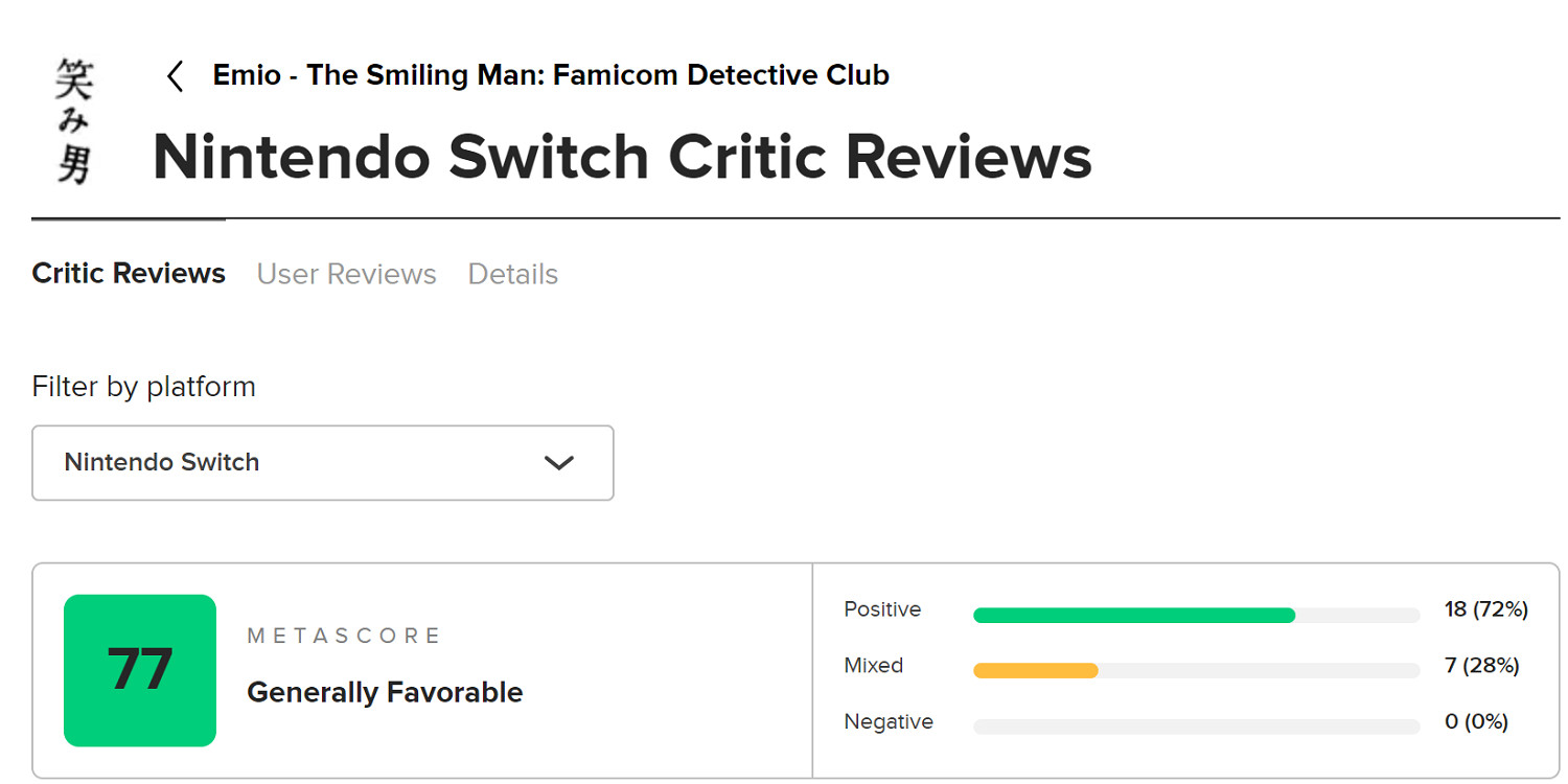 任天堂《偵探俱樂部 笑臉男》媒評分已解禁 M站均分77 任天堂《偵探俱樂部 笑臉男》媒評分已解禁 M站均分77