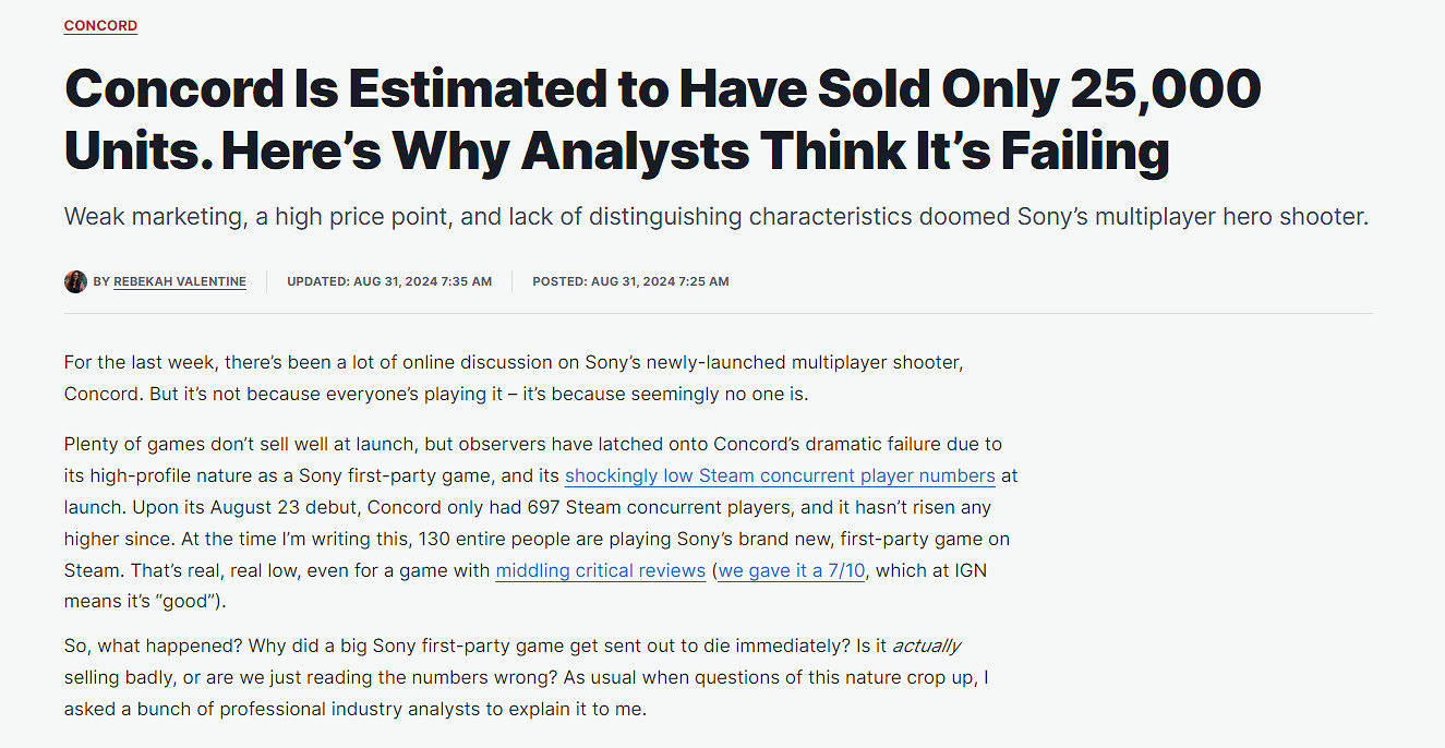 《Concord》徹底撲街 當前銷量可能只有2.5萬套 《Concord》徹底撲街 當前銷量可能只有2.5萬套