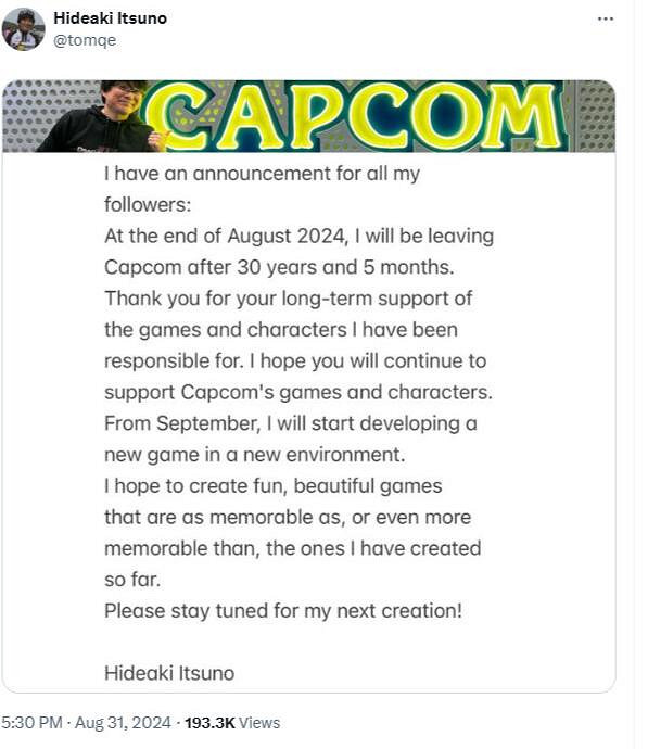 卡普空資深遊戲製作人「伊津野英昭」宣布從Capcom離職 卡普空資深遊戲製作人「伊津野英昭」宣布從Capcom離職