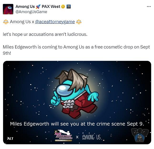 《我們之中》宣布連動《逆轉裁判》 免費發放禦劍憐侍飾品 《我們之中》宣布連動《逆轉裁判》 免費發放禦劍憐侍飾品