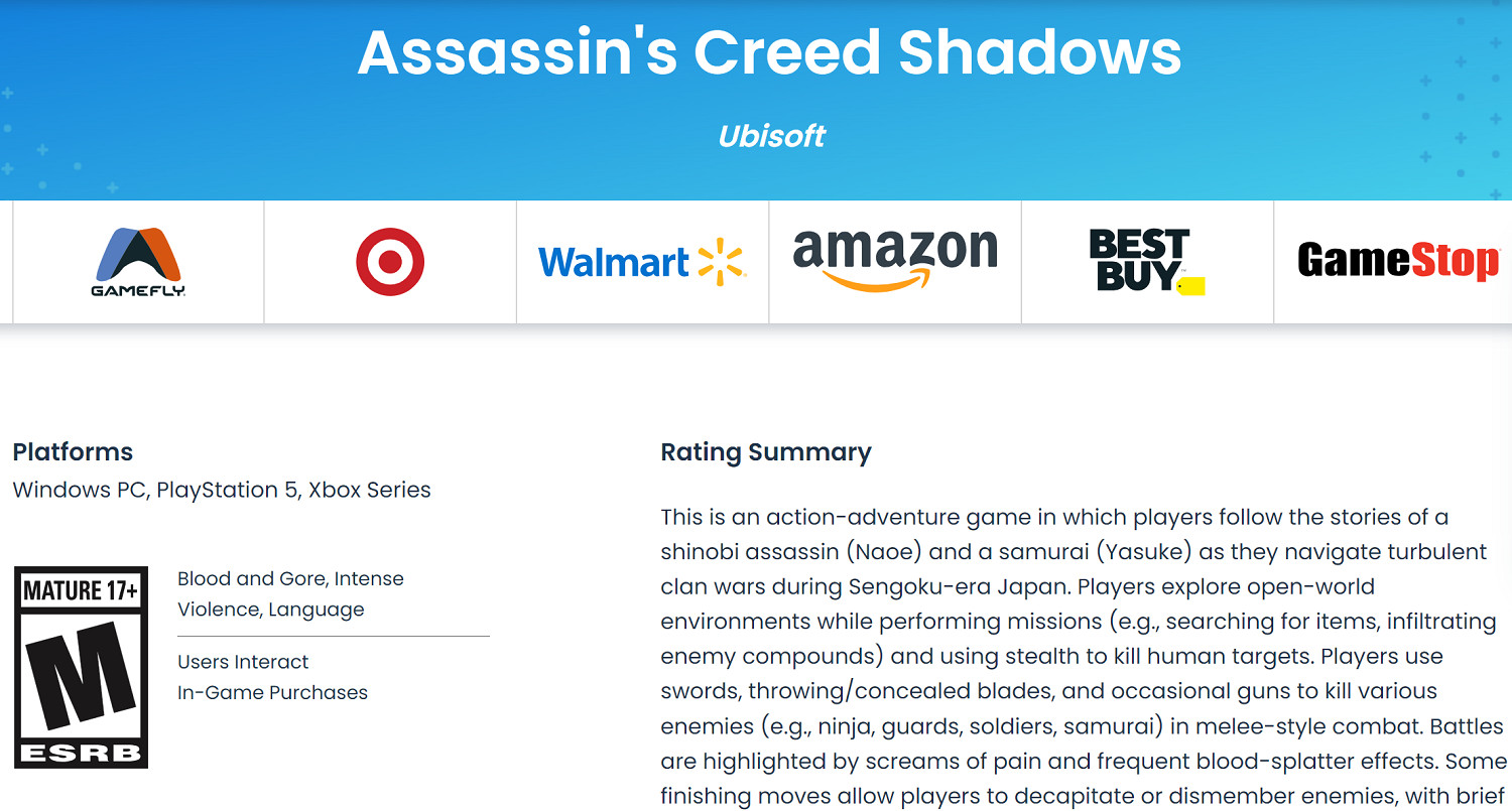 《刺客教條:影》ESRB評級為M:包含血腥及斬首內容! 《刺客教條:影》ESRB評級為M:包含血腥及斬首內容!