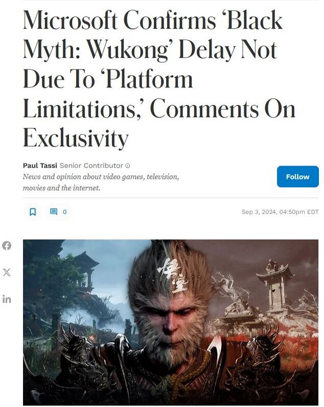 微軟回應《黑神話》Xbox版延期傳聞：非平台原因所致