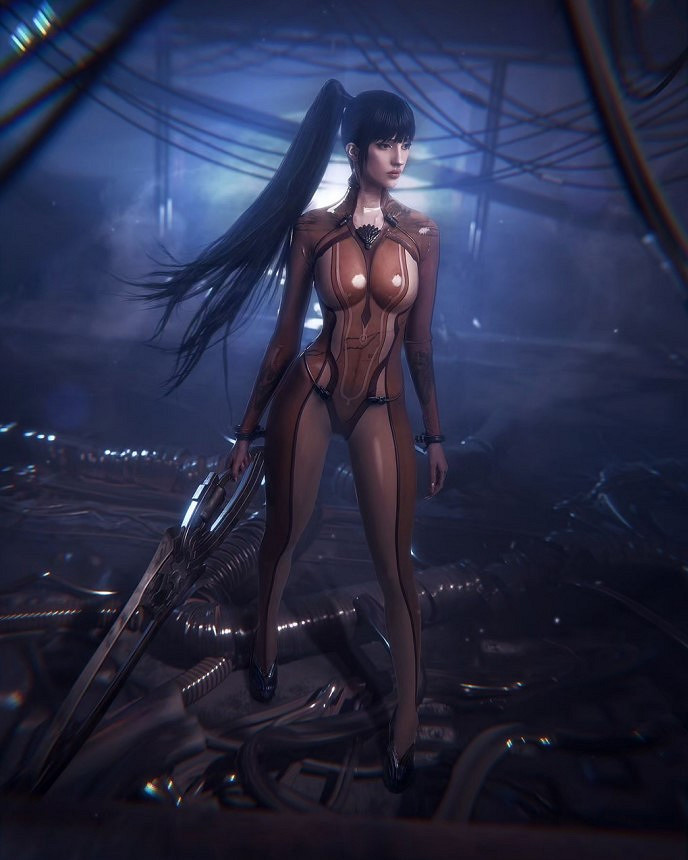 俄妹COS《星刃》伊芙膚質戰衣 緊身膠衣盡顯曼妙身材
