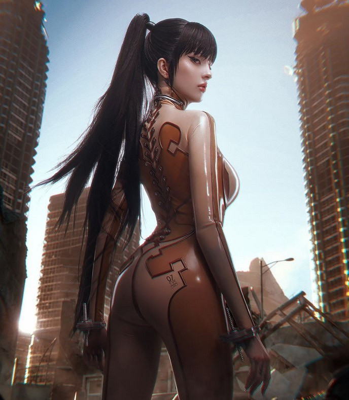 俄妹COS《星刃》伊芙膚質戰衣 緊身膠衣盡顯曼妙身材