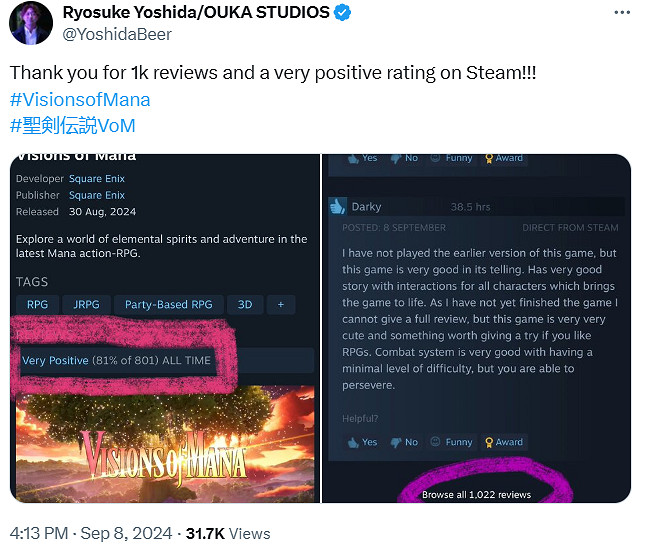 《聖劍傳說》新作Steam評測突破1000條！製作人致謝