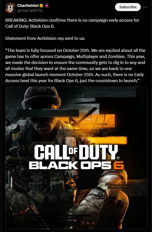 動視確認《決勝時刻：黑色行動 6》沒有活動搶先體驗