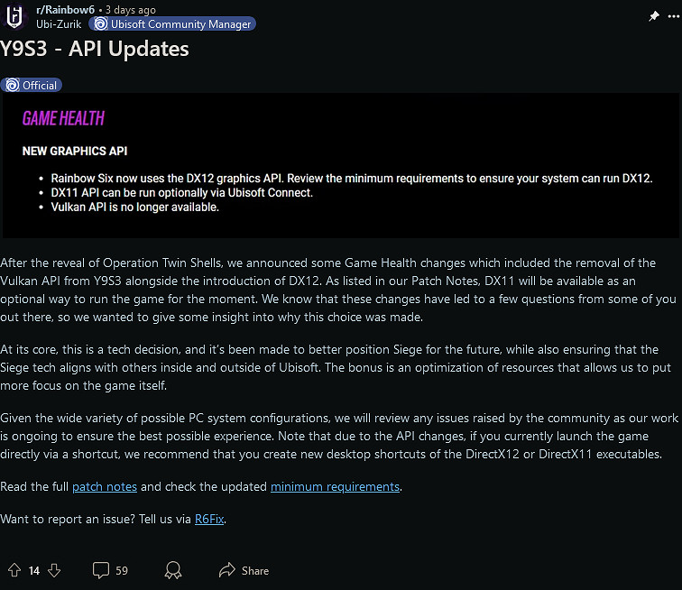 《虹彩六號：圍攻行動》移除Vulkan接口 遊戲性能嚴重受創