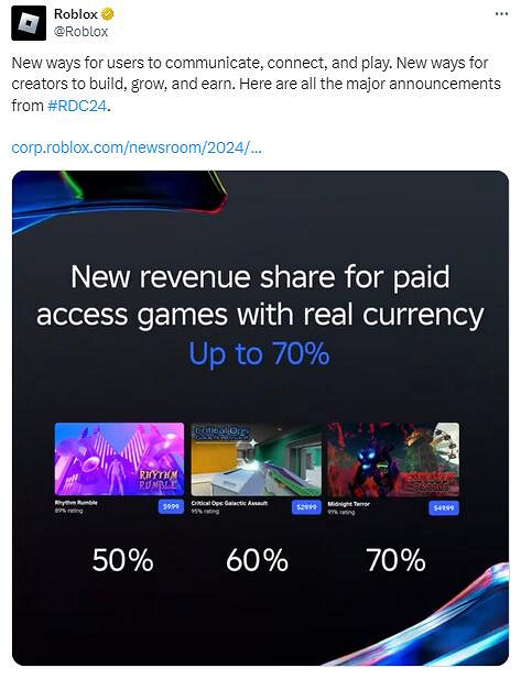 Roblox即將允許開發者出售遊戲 來換取現實中的貨幣 Roblox即將允許開發者出售遊戲 來換取現實中的貨幣