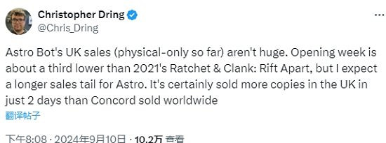 《宇宙機器人》英國地區銷量不佳但遠超《星鳴特攻》