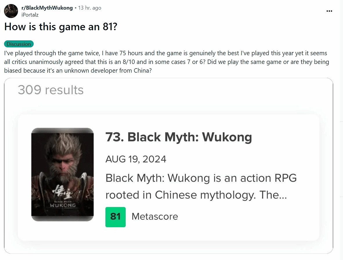 國外玩家發文質疑《黑神話》媒體評分太低：存在偏見?