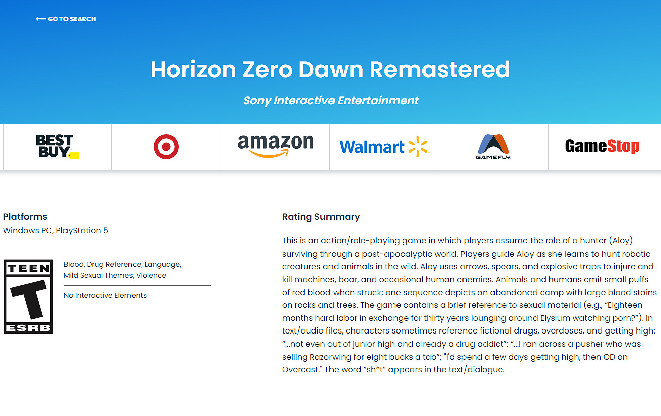 《地平線：零之曙光 復刻版》已通過ESRB評級！