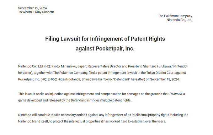 坐不住了！任天堂聯手寶可夢工作室起訴《幻獸帕魯》！