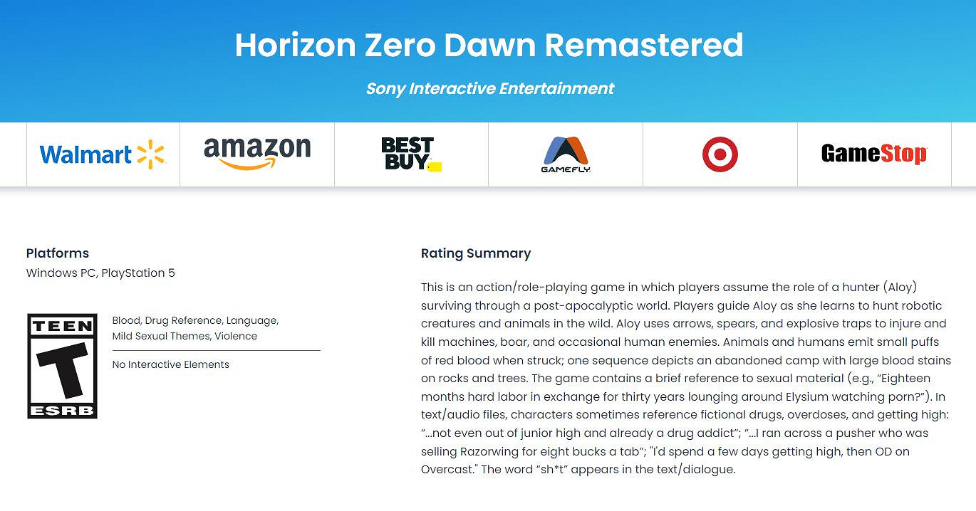 《地平線:黎明時分 復刻版》通過ESRB評級 登陸PS5和PC 《地平線:黎明時分 復刻版》通過ESRB評級 登陸PS5和PC