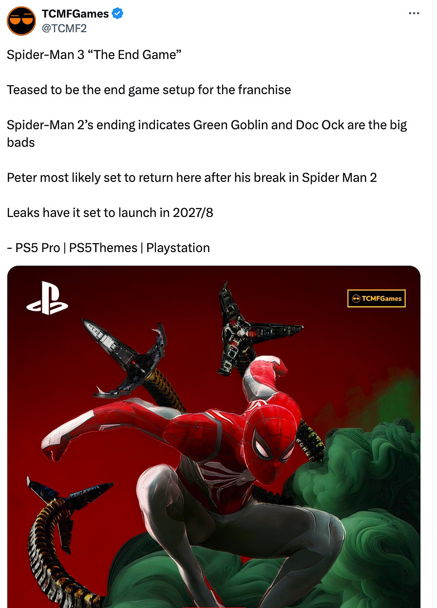 外網爆料人傳《漫威蜘蛛人3》將於2027年8月發售 外網爆料人傳《漫威蜘蛛人3》將於2027年8月發售